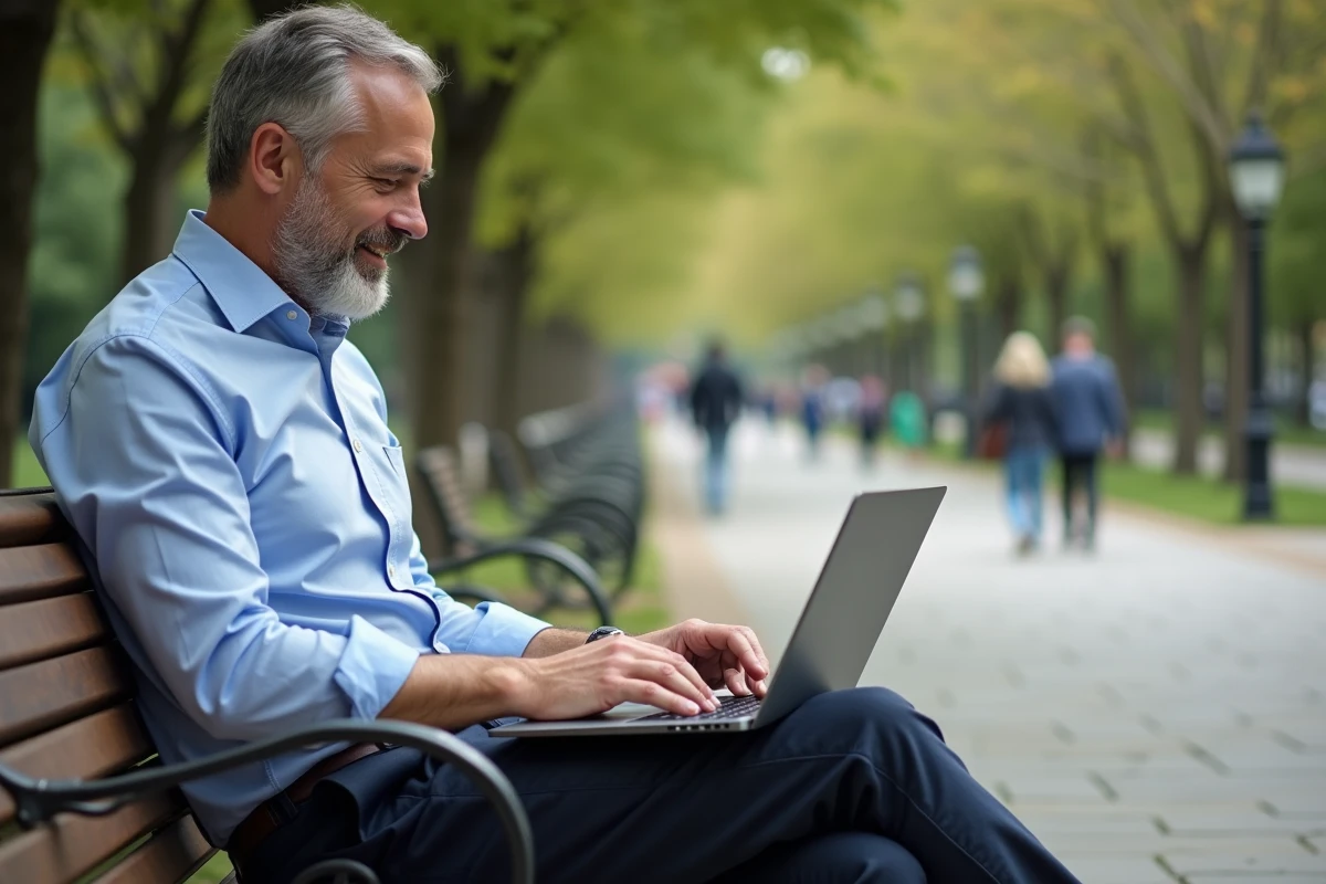 Homme en extérieur travaillant sur son ordinateur dans un parc