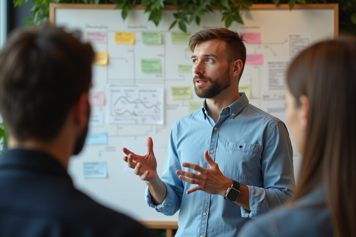Homme en chemise devant tableau blanc en réunion de travail
