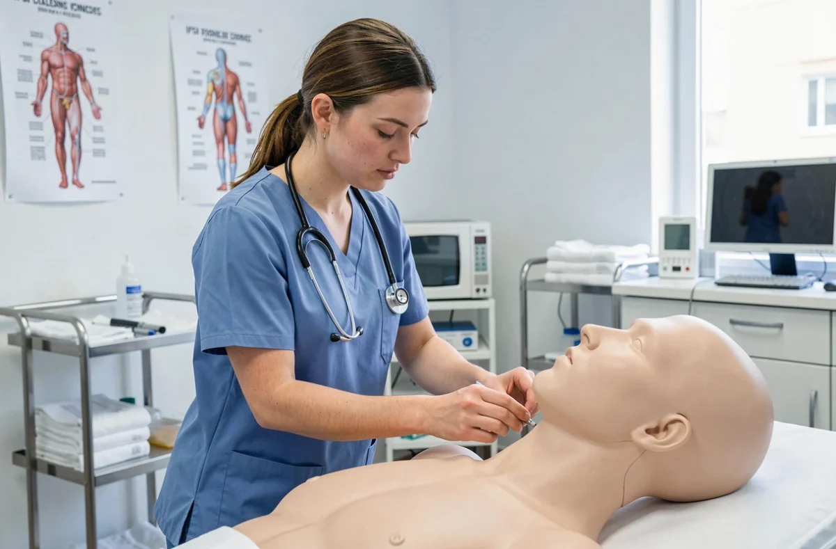 Étudiante infirmière en blouse médicale pratiquant des soins sur un mannequin de simulation dans une salle clinique de l'IFSI du Centre Hospitalier Alpes-Isère
