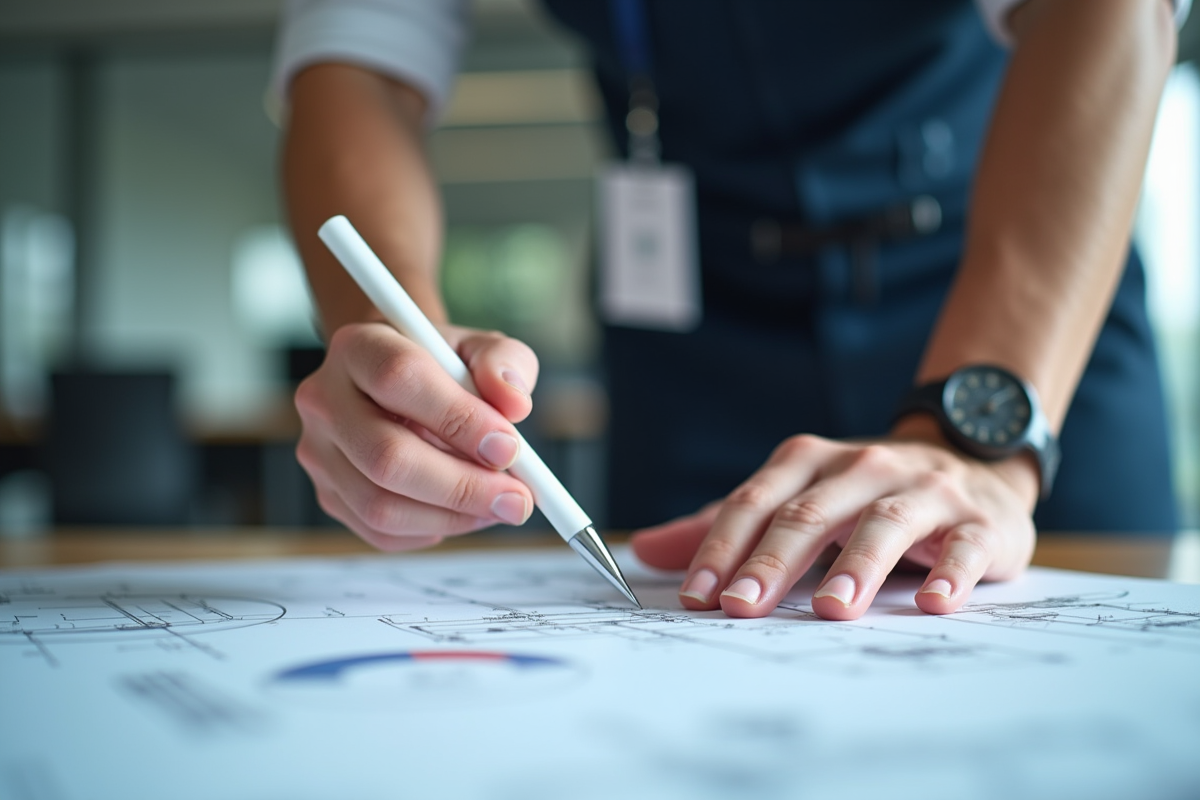 Jeune ingenieur examinant des plans techniques en bureau lumineux