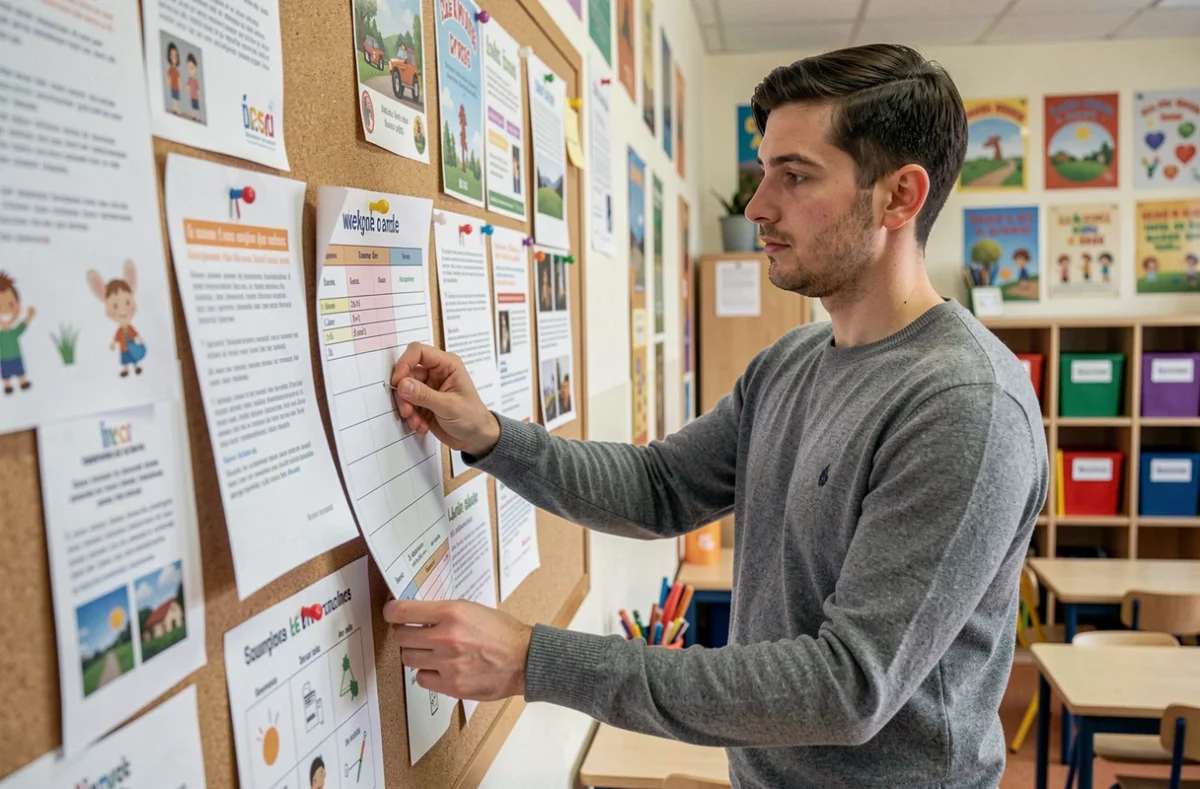 Instituteur du primaire affichant son planning de séances hebdomadaires sur le tableau d'affichage d'une classe élémentaire