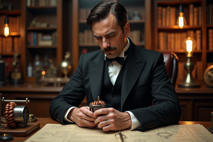 Inventeur au bureau avec modèle de moteur électrique