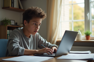 Jeune adulte travaillant à domicile et semblant préoccupé