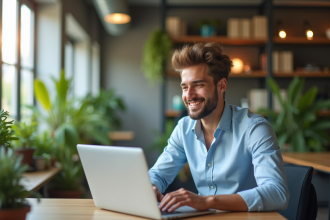 Jeune entrepreneur confiant travaillant sur un ordinateur dans un espace moderne