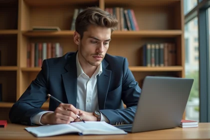 Jeune étudiant en droit dans une bibliothèque moderne