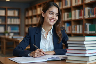 Jeune femme en bibliothèque universitaire avec livres de finance