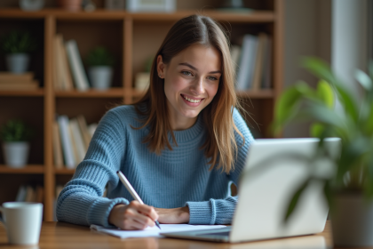 Jeune femme en sweater bleu prenant des notes numériques dans un bureau cosy