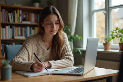Jeune femme concentrée travaillant à son bureau à domicile