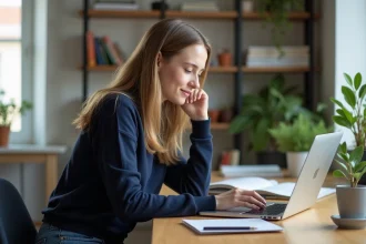 Jeune femme en intérieur travaillant sur un ordinateur portable