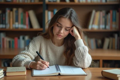 Jeune femme concentrée écrivant des conjugaisons espagnoles dans un cahier