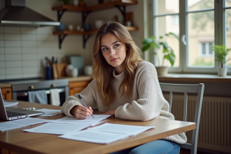 Jeune femme remplissant un dossier de bourse à la maison