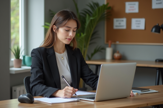 Jeune femme en entretien d'embauche dans un bureau moderne