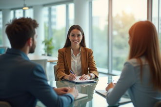 Jeune femme confiante lors d'un entretien en bureau lumineux