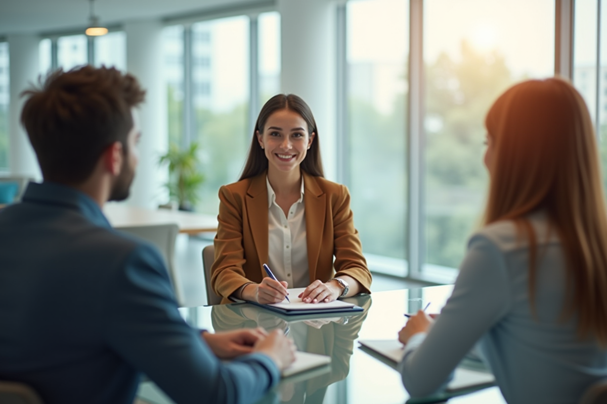 Jeune femme confiante lors d'un entretien en bureau lumineux