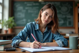Jeune femme concentrée prenant des notes en mathématiques