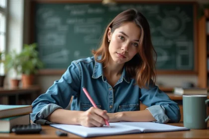 Jeune femme concentrée prenant des notes en mathématiques