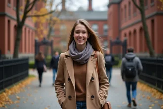 Jeune femme souriante dans Harvard Yard en automne