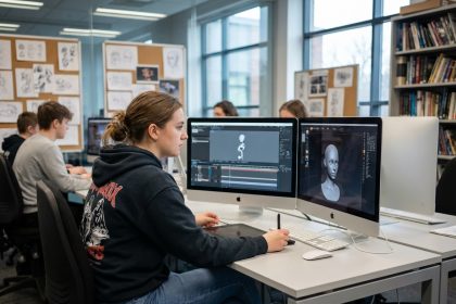 Jeune femme concentrée sur un ordinateur en classe moderne