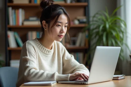 Jeune femme utilisant un ordinateur portable à la maison
