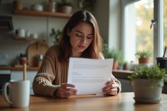 Jeune femme inquiète regardant une lettre Pôle emploi