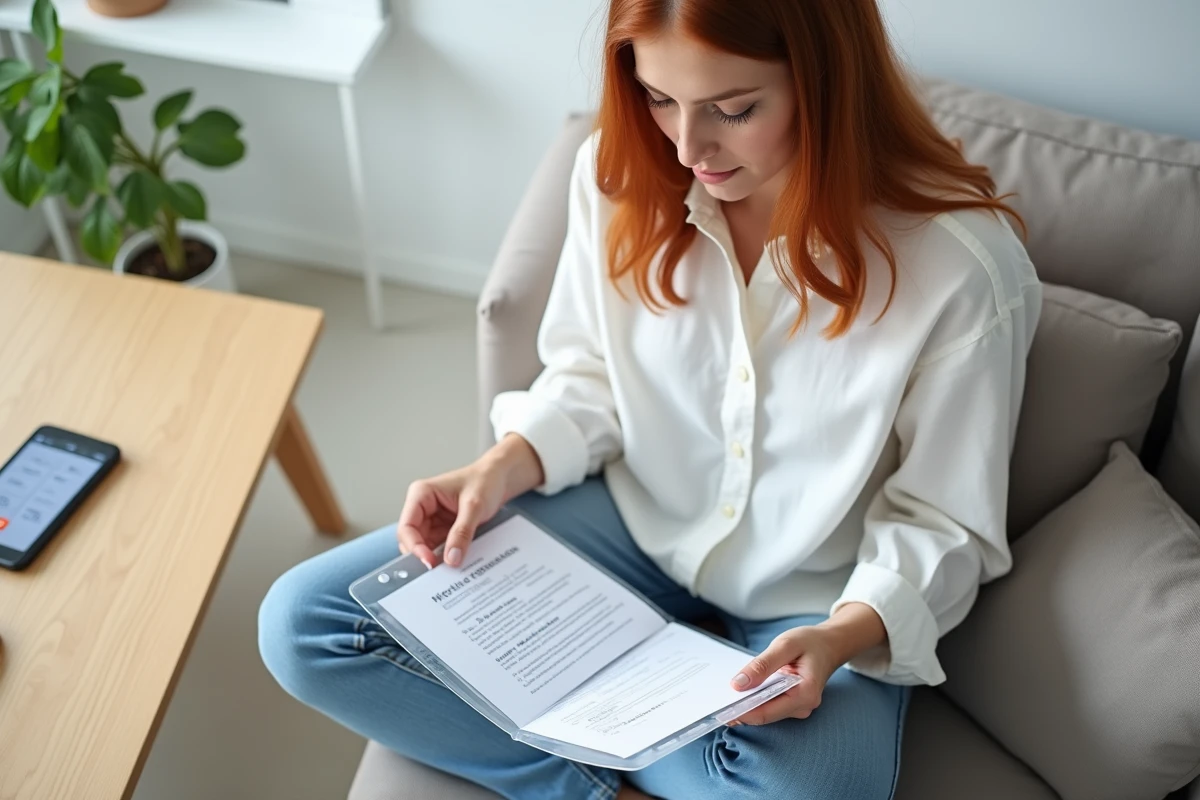 Jeune femme préparant ses documents nécessaires à l'inscription Pôle emploi depuis son salon