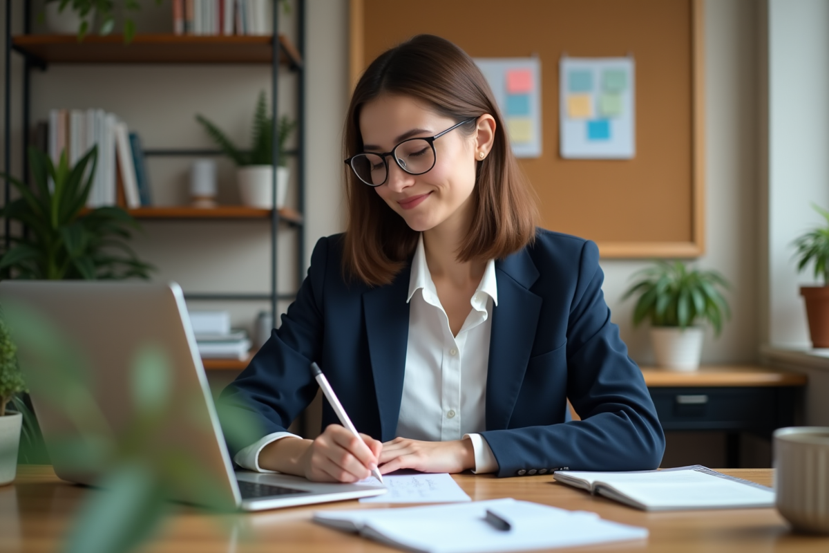Jeune femme prenant des notes dans un bureau à domicile
