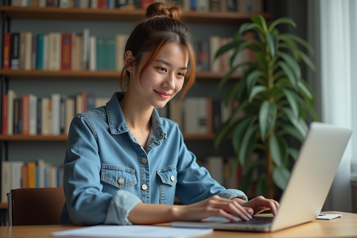 Jeune femme travaillant seule sur un ordinateur dans un intérieur cosy
