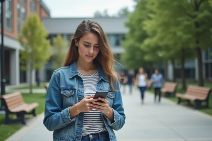 Jeune femme avec smartphone devant universite moderne