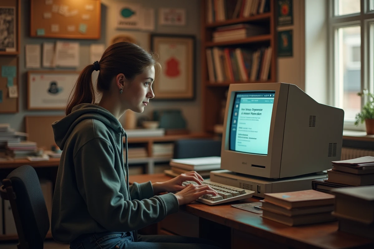 Jeune étudiante en art utilisant un vieux poste informatique dans un bureau
