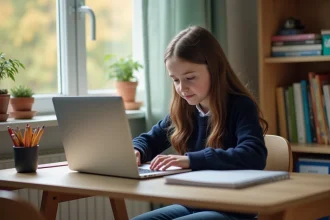 Jeune fille de 13 ans avec ordinateur portable dans sa chambre