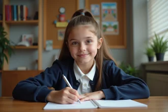 Jeune fille de 14 ans écrivant une lettre dans un bureau cosy