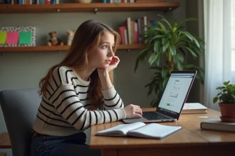 Jeune fille contemplant un écran dans sa chambre cosy