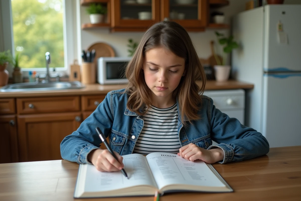 Adolescente étudie passé simple dans un livre à la maison