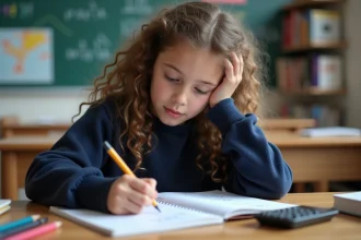 Jeune fille en classe travaillant un problème de maths