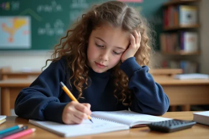 Jeune fille en classe travaillant un problème de maths