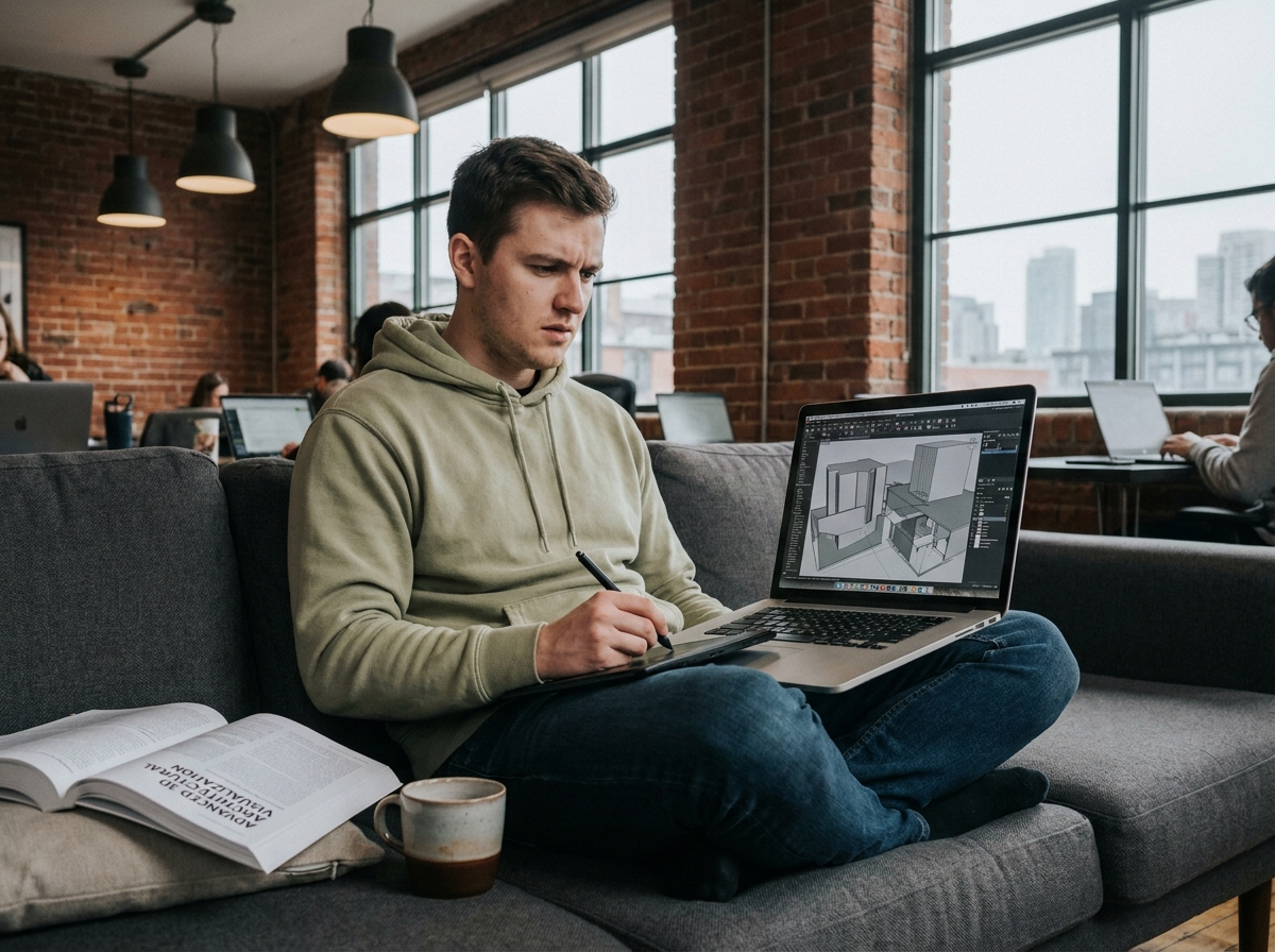 Jeune homme consultant un manuel de formation 3D sur un canapé dans un espace de coworking, logiciel de rendu architectural ouvert sur son ordinateur portable