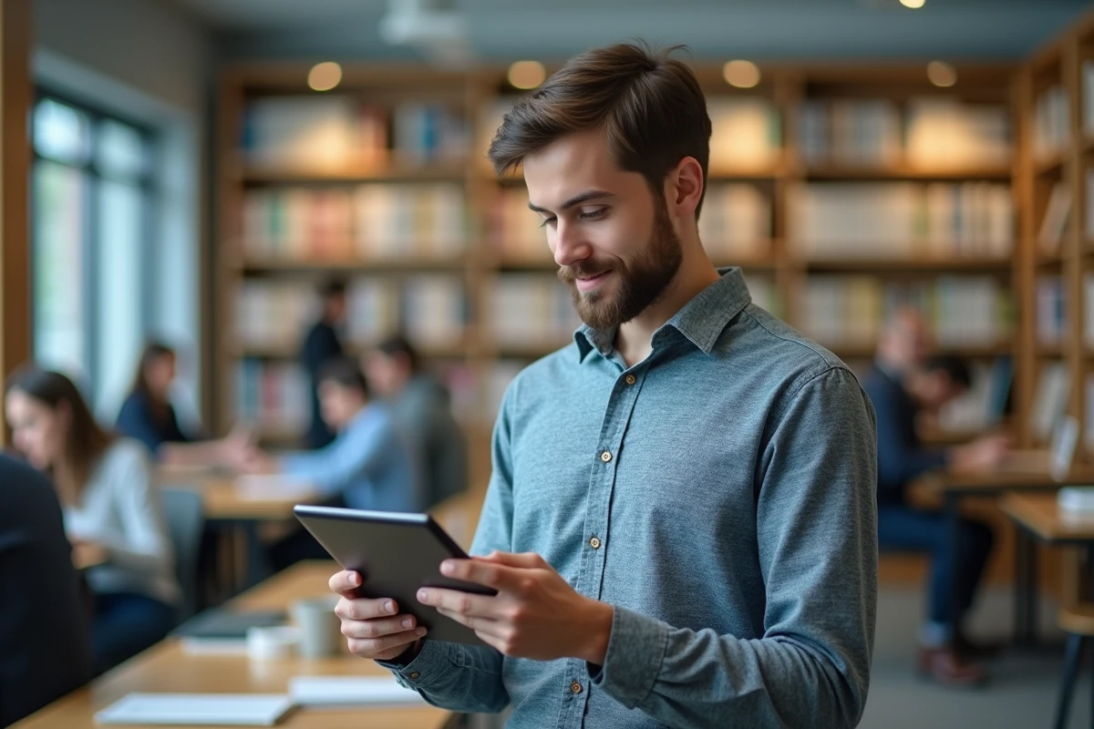 Jeune homme étudiant avec tablette dans une bibliothèque