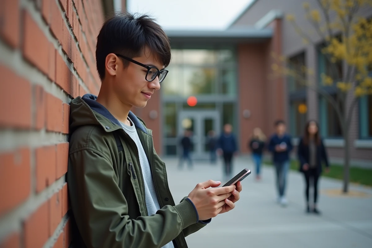 Jeune homme souriant vérifiant son smartphone dehors