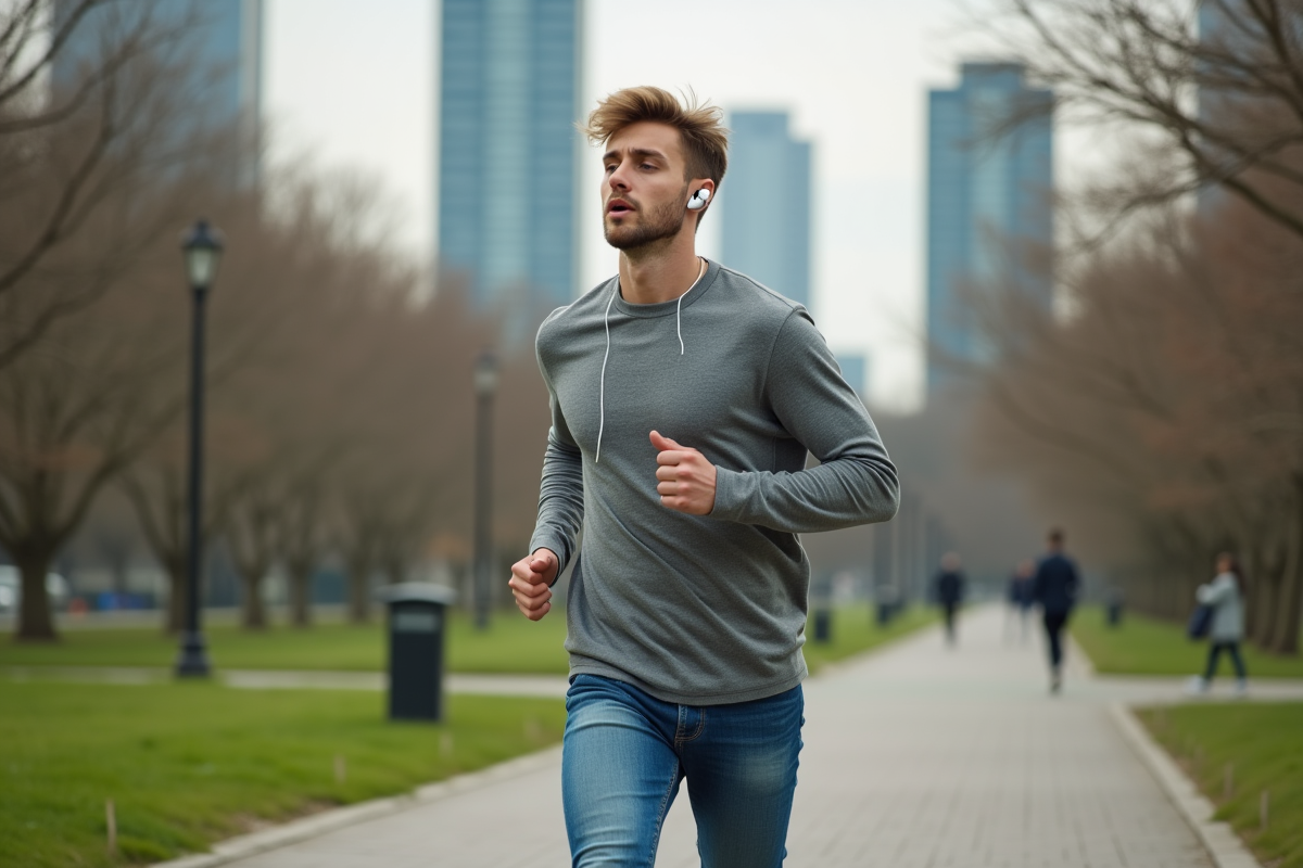 Jeune homme courant dans un parc urbain