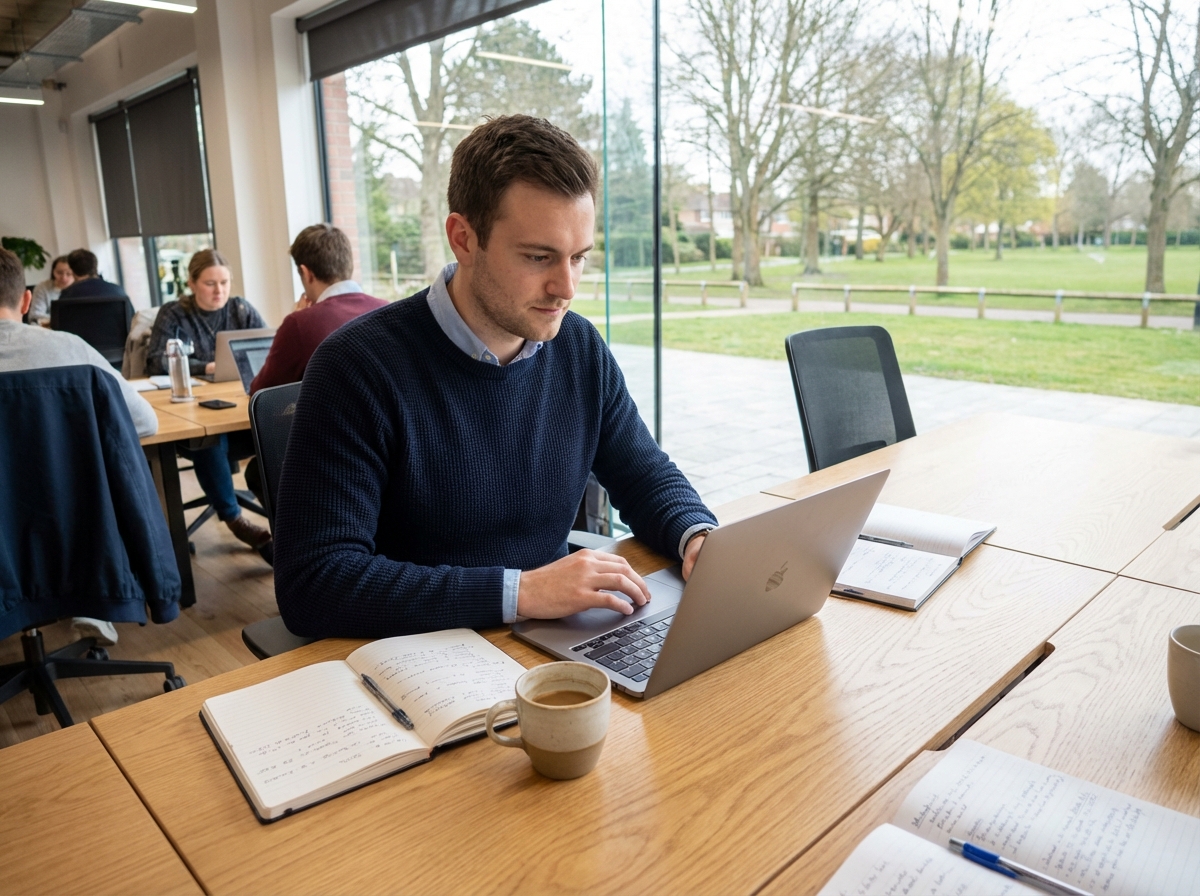 Jeune homme au coworking avec ordinateur et café
