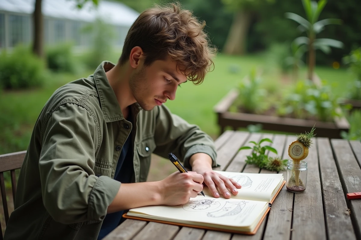 Jeune homme dessinant une coupe de plante en jardin botanique