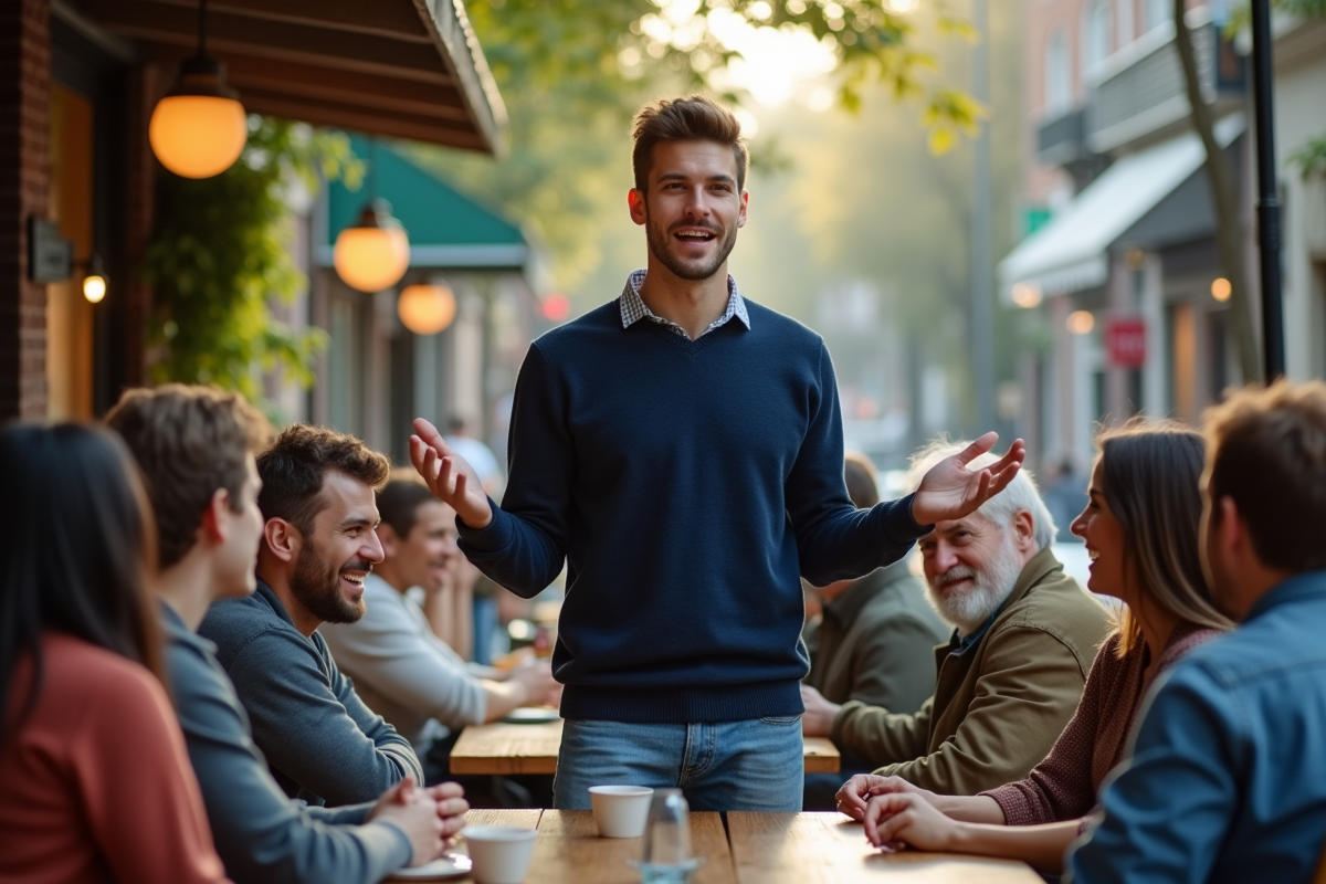 Jeune homme parlant passionnement en café urbain