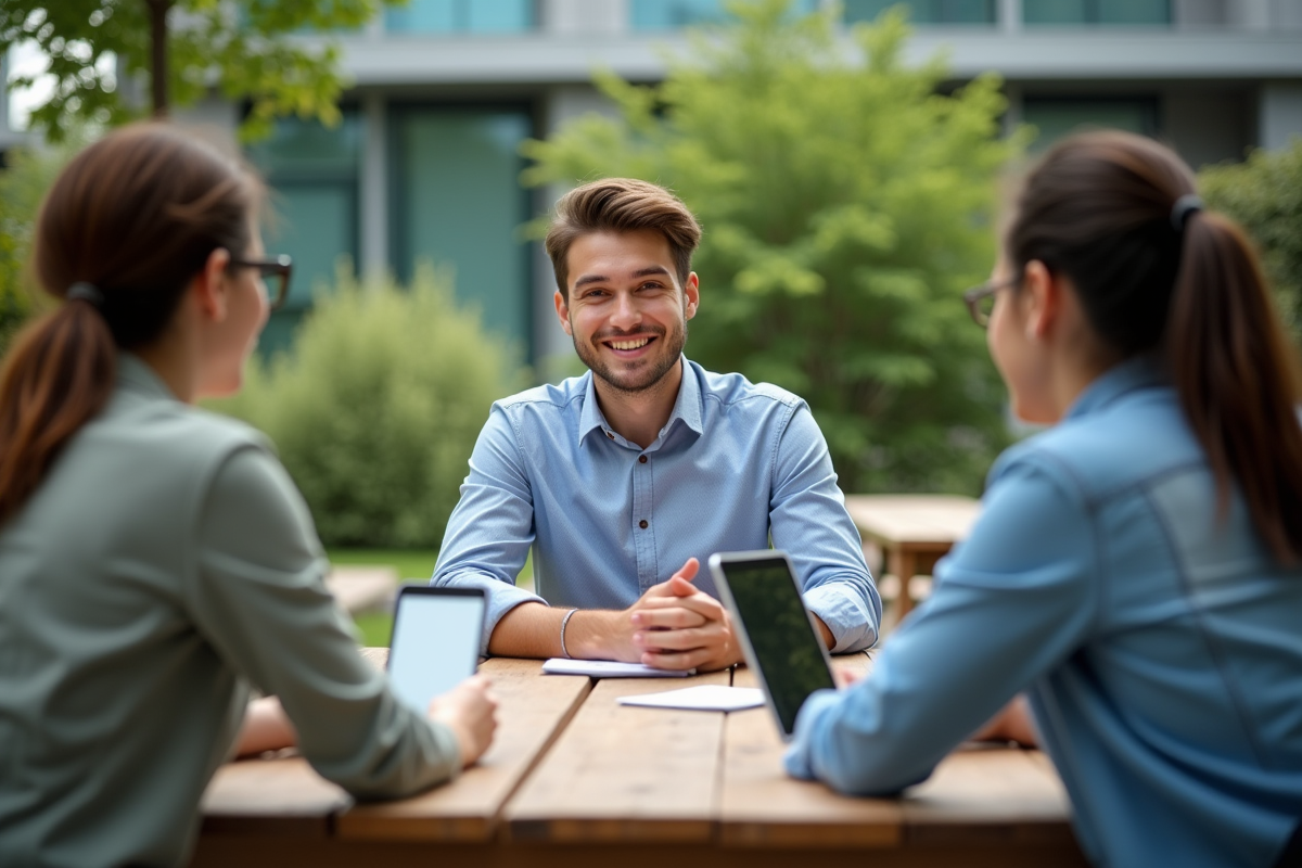 Jeune homme en discussion en extérieur dans un jardin d