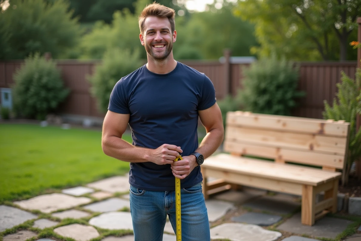 Jeune homme fiere avec une banquette de jardin construite