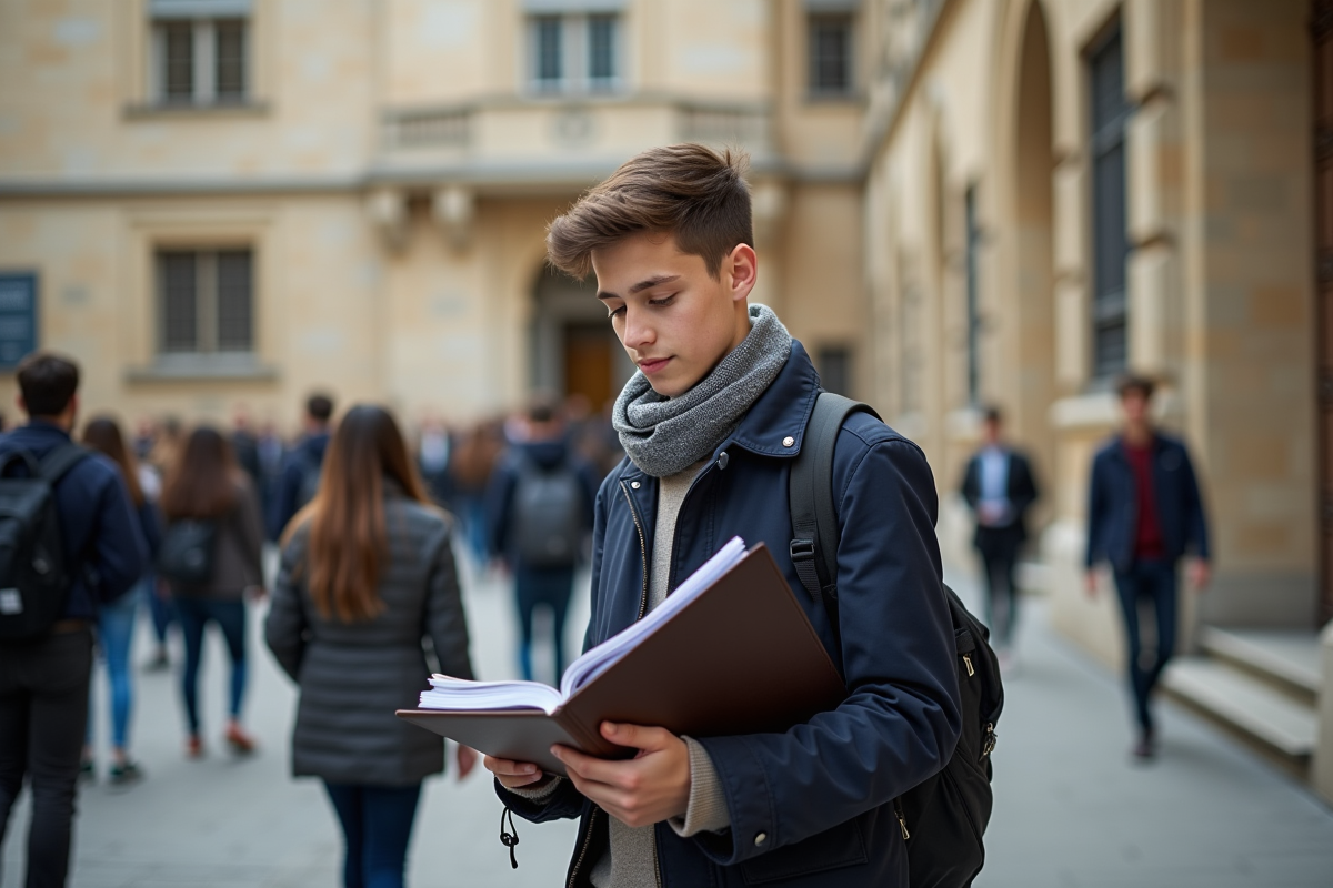Jeune homme vérifiant un dossier de financement devant une université