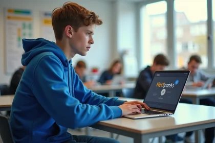 Adolescent en hoodie bleu utilisant un ordinateur au CFA de Tulle