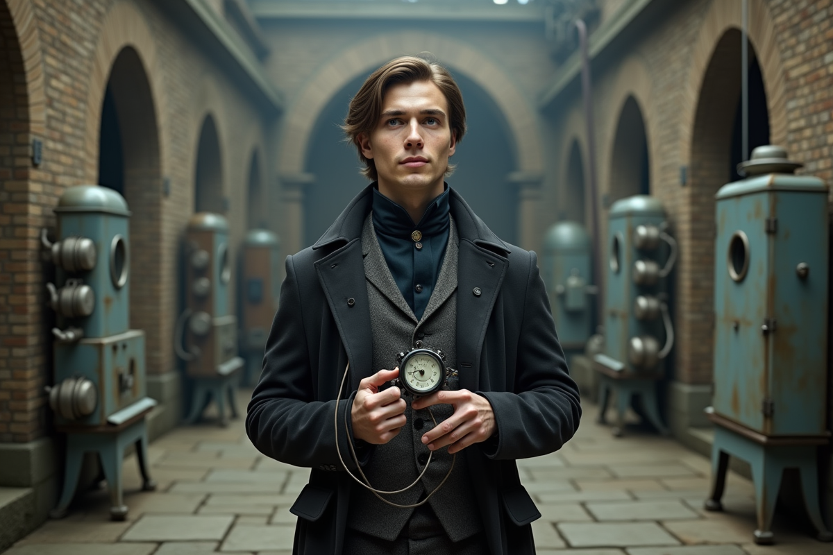 Jeune scientifique dans une cour avec appareils électriques