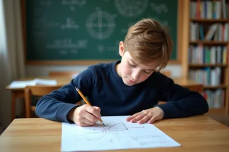Jeune adolescent en pull navy dessinant une tangente en classe