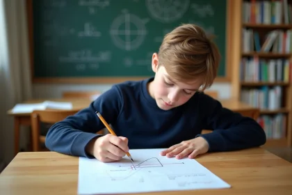 Jeune adolescent en pull navy dessinant une tangente en classe