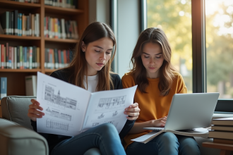 Deux jeunes adultes dans une bibliothèque lumineuse en train de lire un manuel technique